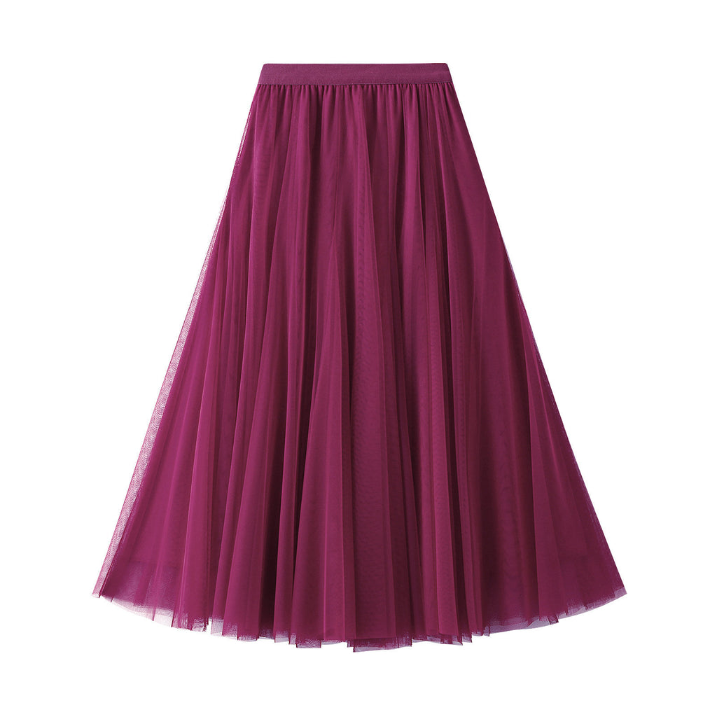 Magenta tulle pleated skirt with high elastic waistband, mid-length flare