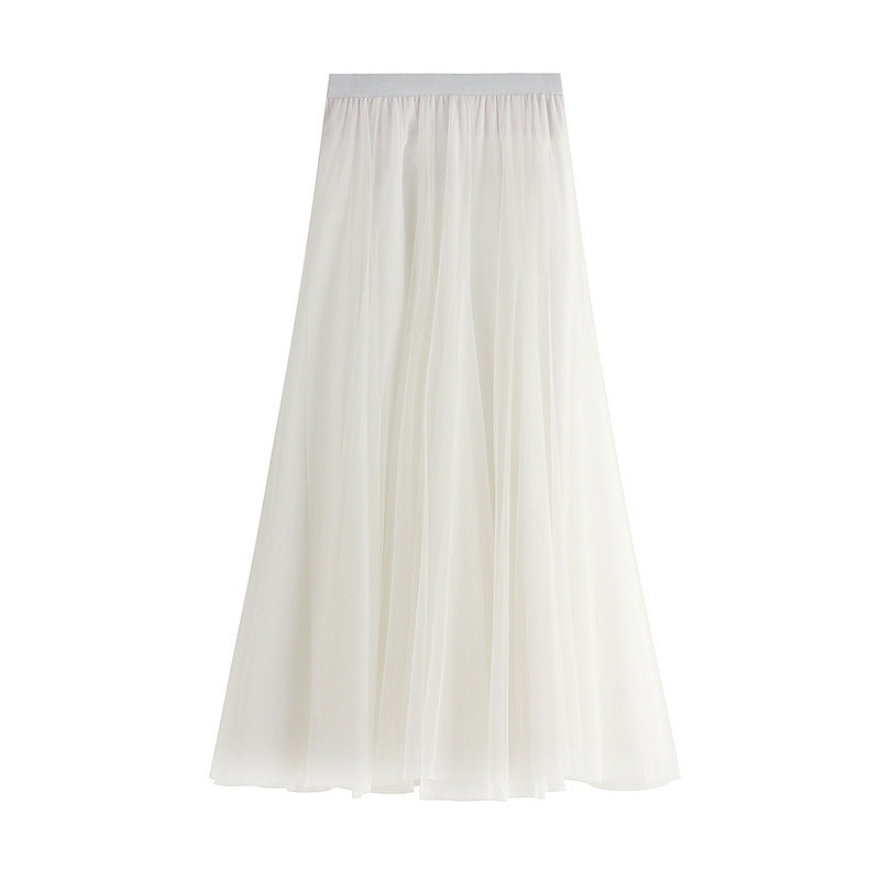 High-waist tulle pleated mid-length skirt, white