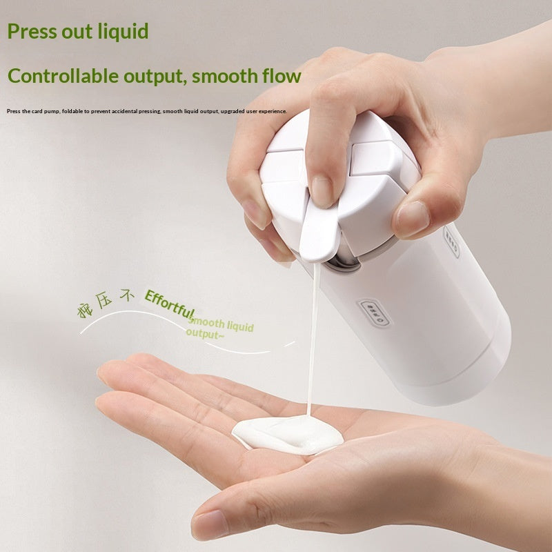 4-in-1 dispensing bottle with pump nozzle, pouring liquid from the spout