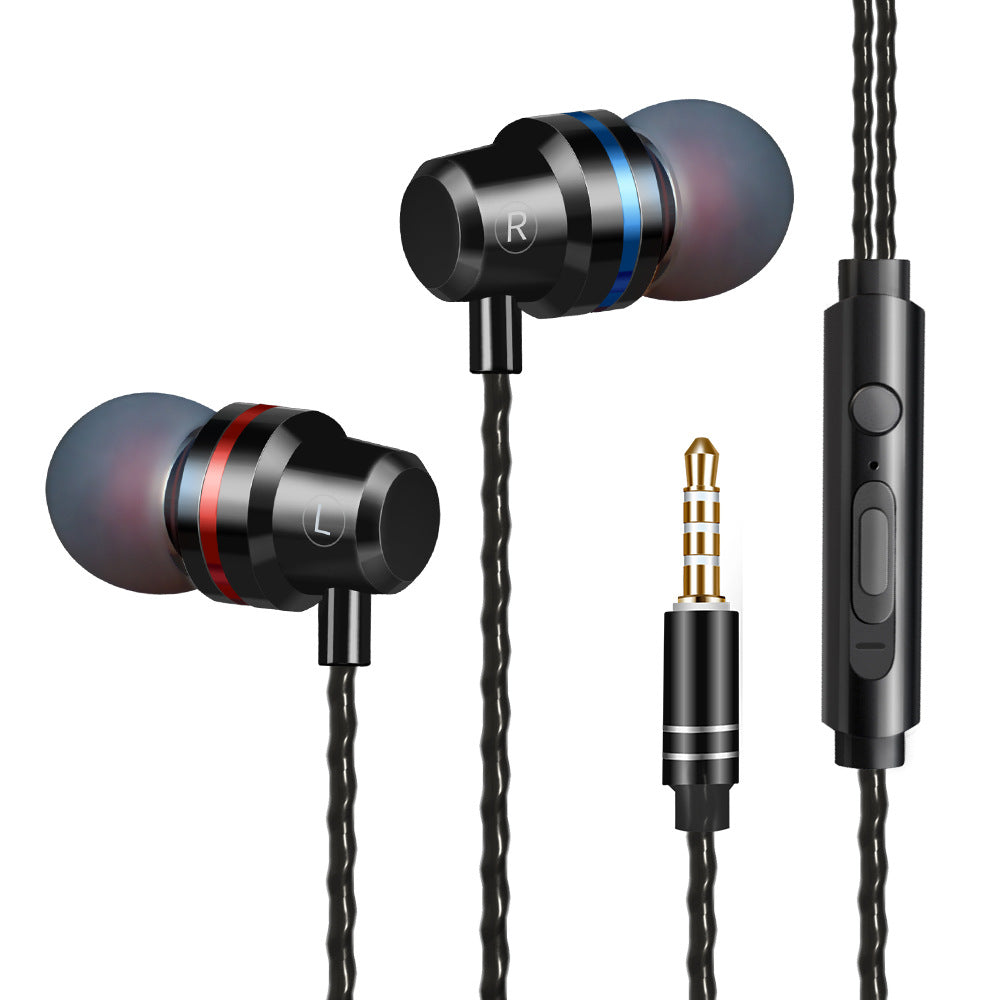 In-ear metal wired headphones, black earbuds with red and blue ring accents, black cable