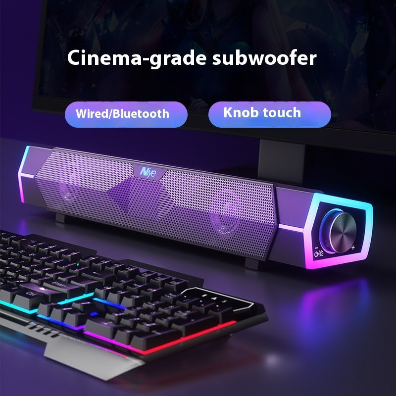 Black Bluetooth soundbar speaker with dual drivers, glowing light frame and volume knob