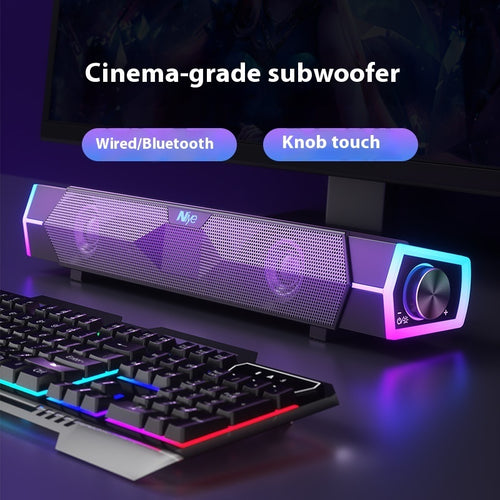 Black Bluetooth soundbar speaker with dual drivers, glowing light frame and volume knob