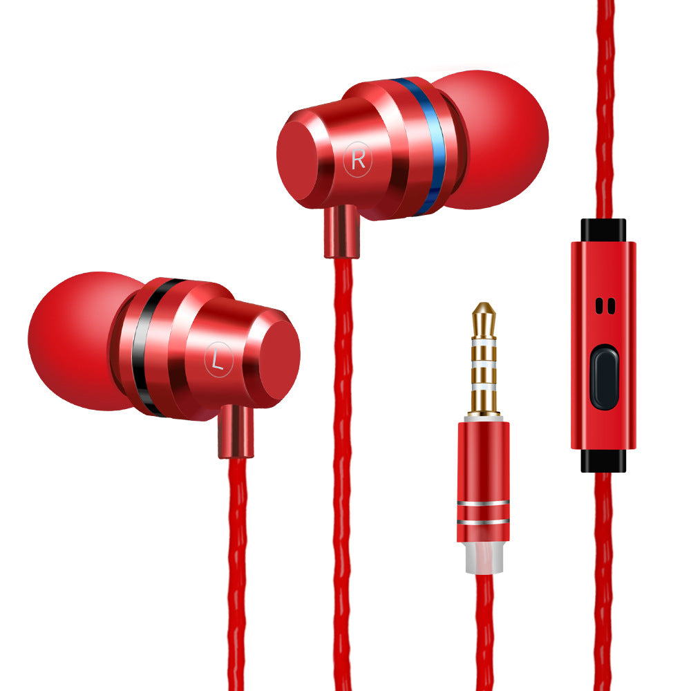 In-ear metal wired headphones, red earbuds with blue and white rings, red controller with mic