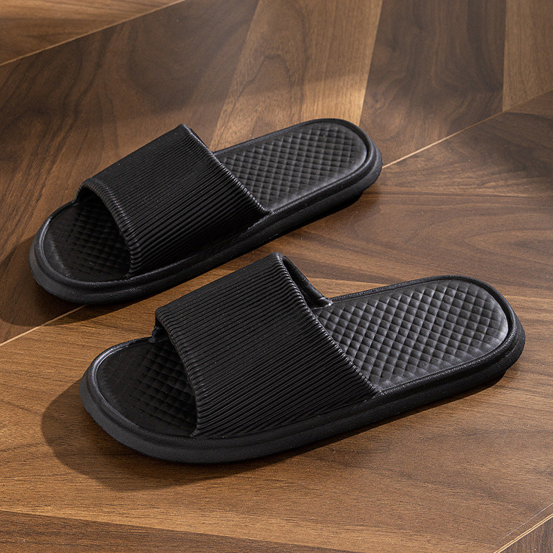 Slide house slippers, ribbed band and textured footbed, black