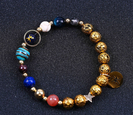 Zwölf-Konstellationen-Armbänder Blau San Vulkangestein Antikes & Gold Perlenarmband