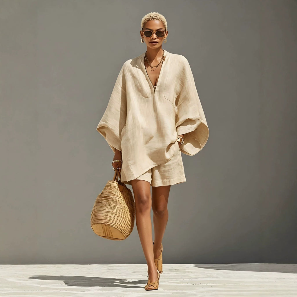 Design Batwing-sleeve V-neck Loose-fit Set