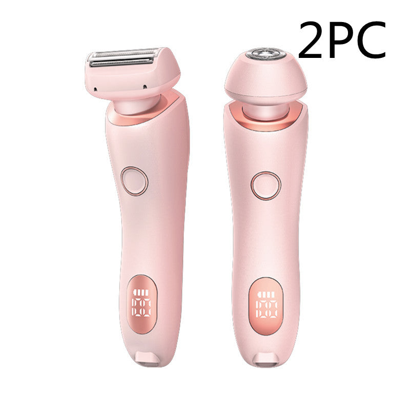 2-in-1 electric hair removal trimmer, pink handheld unit with razor head