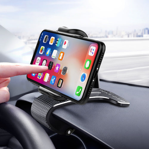 Snap-on car dashboard phone holder with wide clamp, dark textured base
