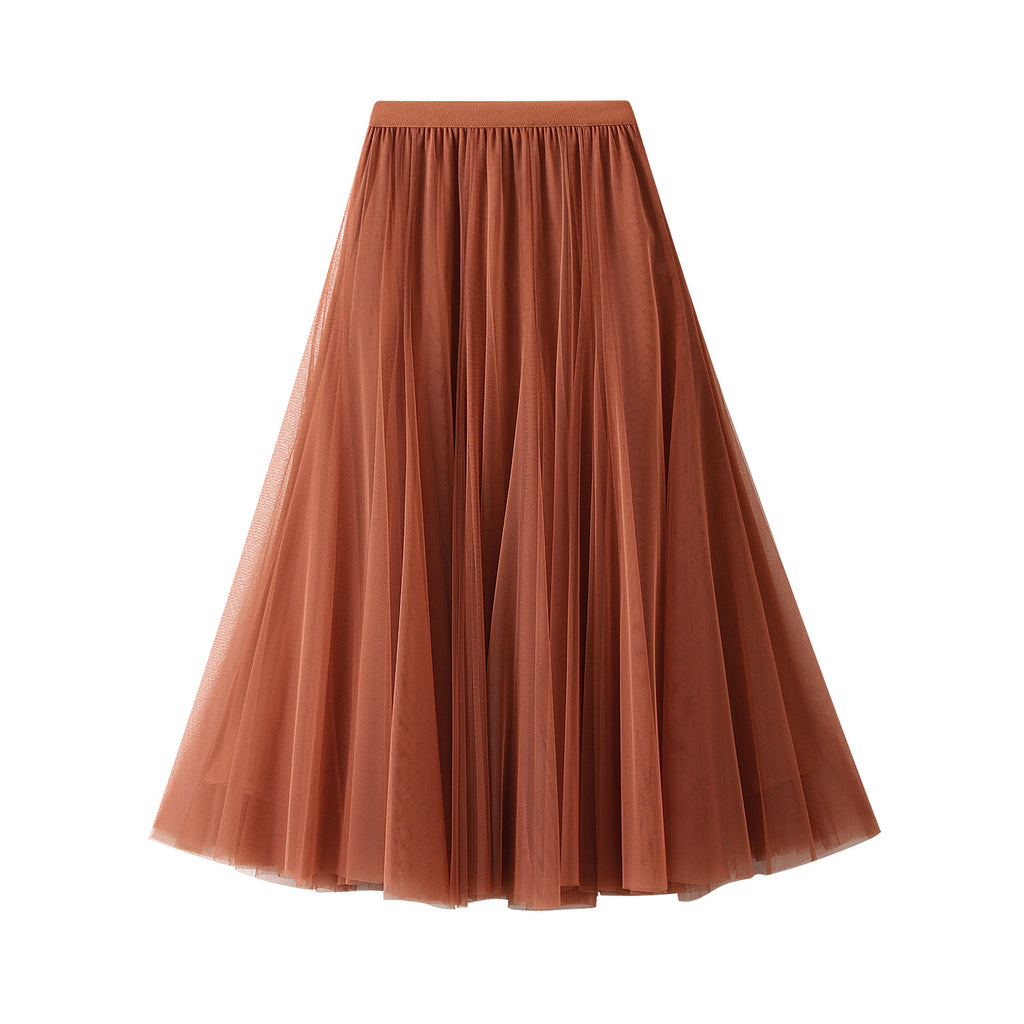 Terracotta tulle pleated skirt with high elastic waistband, mid-length flare