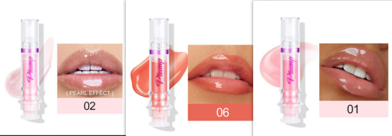 Liquid lip gloss in clear tube with purple-pink label; lip swatches show 02, 06, 01.