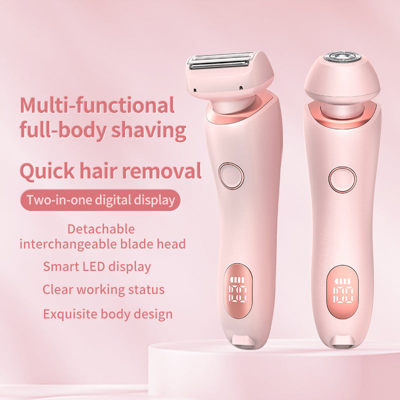Two-in-one women’s hair removal device with two shaving heads, pink and light pink