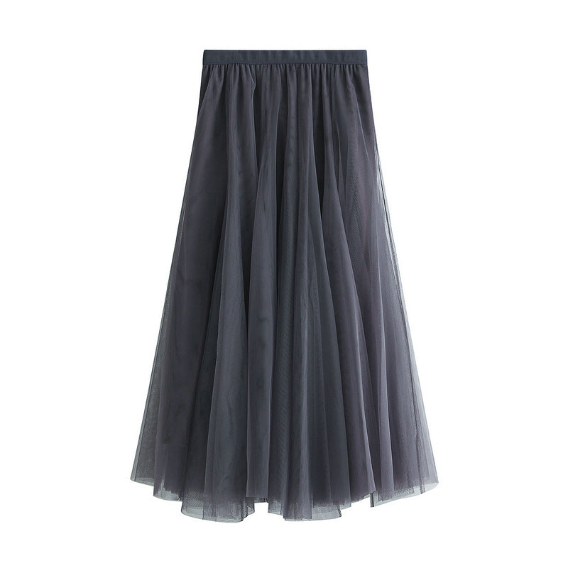 High-waist tulle pleated mid-length skirt, dark gray