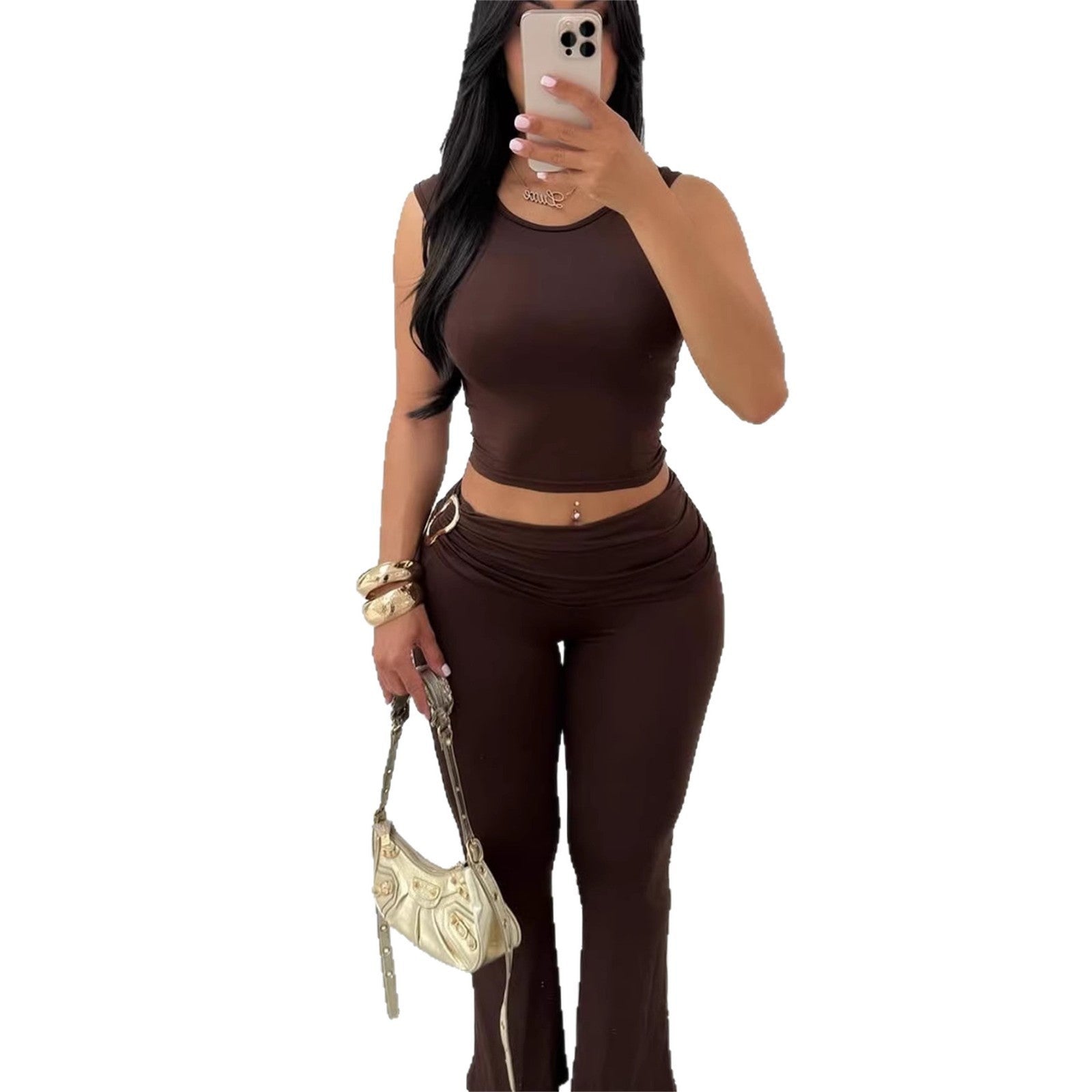 Womens Solid-Colored Sleeveless Top And Bodycon Hip-Hugging Pants Set