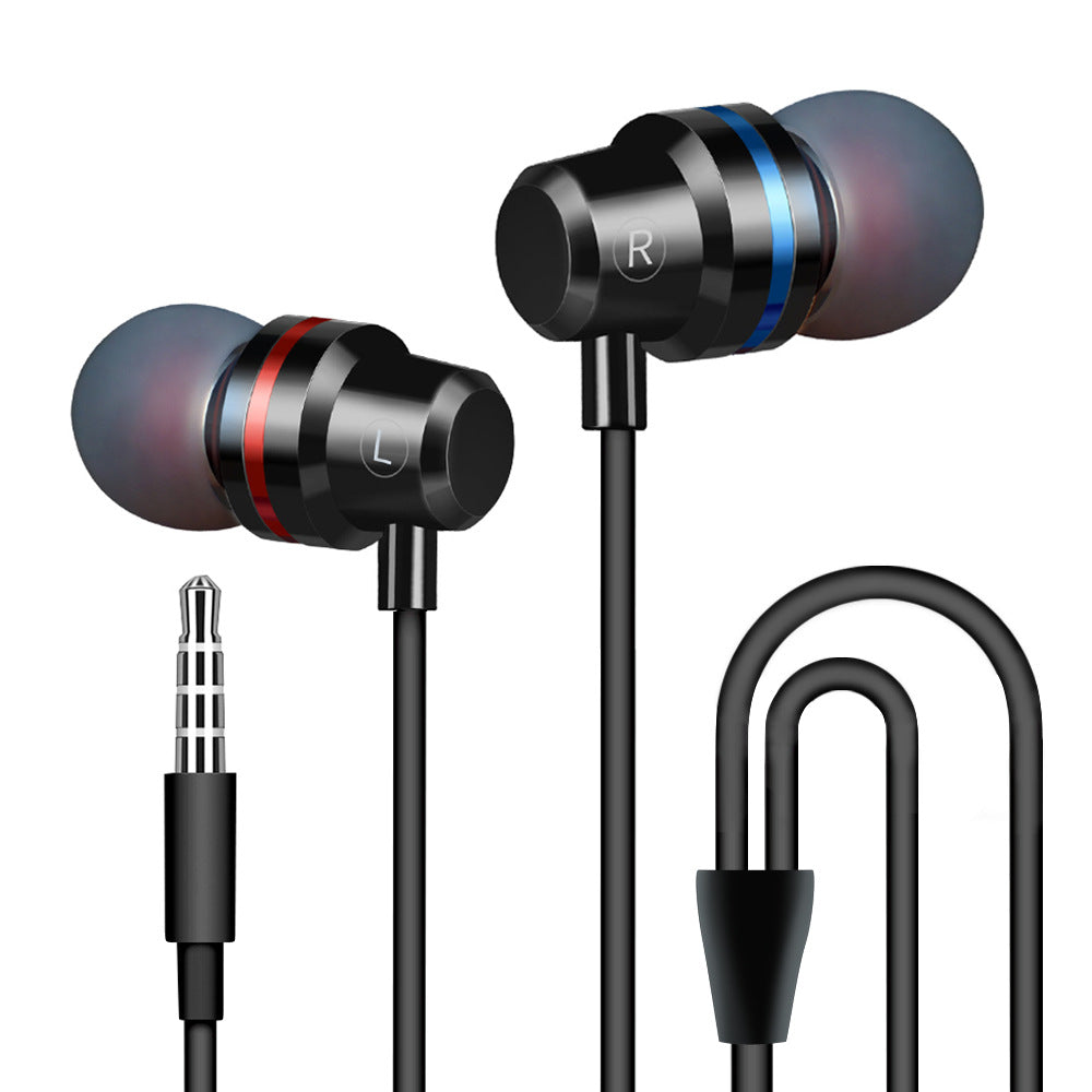 In-ear metal wired headphones, black earbuds with blue ring accents, 3.5mm plug and cord