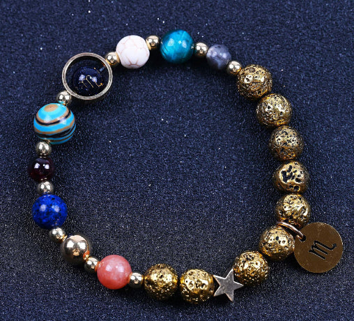 Zwölf-Konstellationen-Armbänder Blau San Vulkangestein Antikes & Gold Perlenarmband
