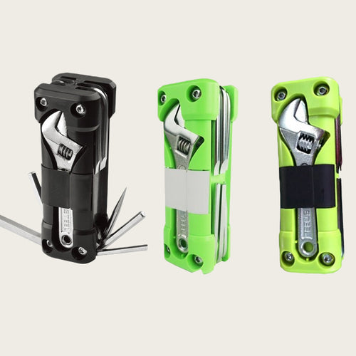 Black portable tool set with wrench, hex key, and screwdriver bits