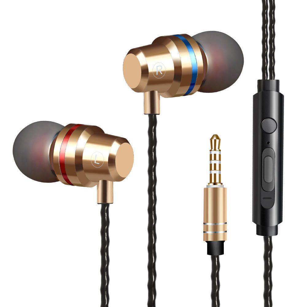 Gold metal in-ear headphones with foam tips and black inline remote cable