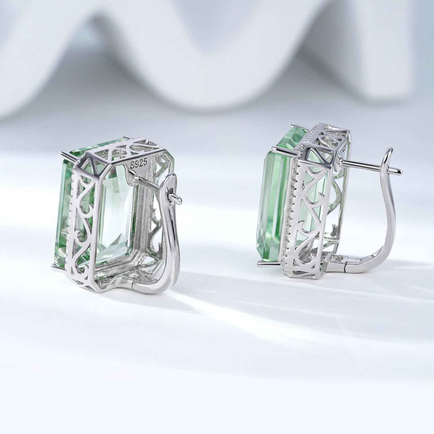 S925 silver hoop earrings with square green crystal centerpiece and pavé halo