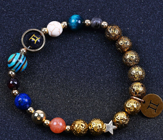 Zwölf-Konstellationen-Armbänder Blau San Vulkangestein Antikes & Gold Perlenarmband