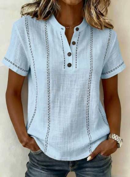 Women’s striped short-sleeve blouse, light blue with dark vertical stitching, button V-neck