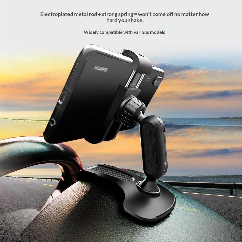 Car dashboard clip phone holder with spring clamp, black metal arm and base.